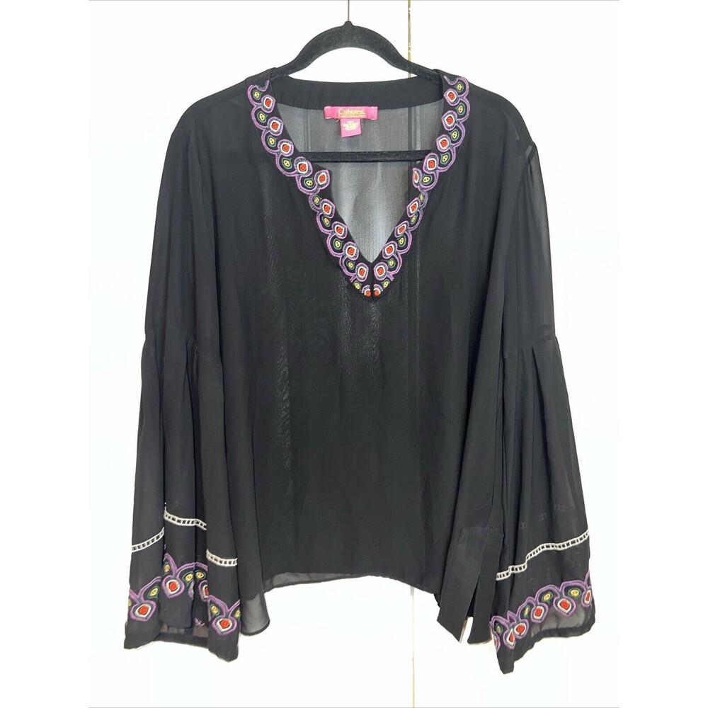 Catherine Malandrino Womens top XXL Sheer Embroider Bell Sleeve Whimsigoth Fairy - Picture 3 of 16
